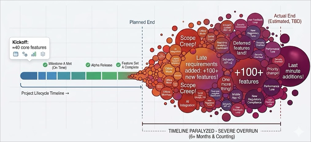 Project timeline run amok: a clean progress bar that starts at roughly forty core features and ticks through on-time milestones, then erupts near the end into a dense cluster of bubbles (scope creep, deferred features, and 100+ last-minute additions) pushing the actual end far past the planned one, six-plus months and counting.